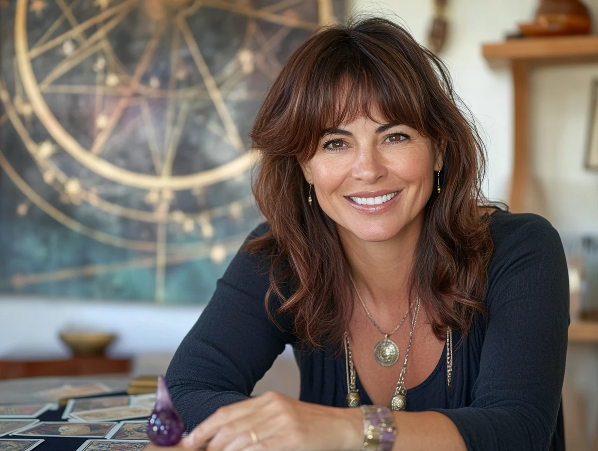 Clarisse Lagarde, voyante indépendante souriante devant ses cartes de tarot et une améthyste